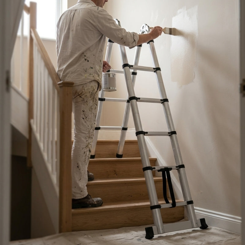 Échelle pliante articulée configurée en mode escalier, un pied par marche, utilisée pour peindre une cage d'escalier Image