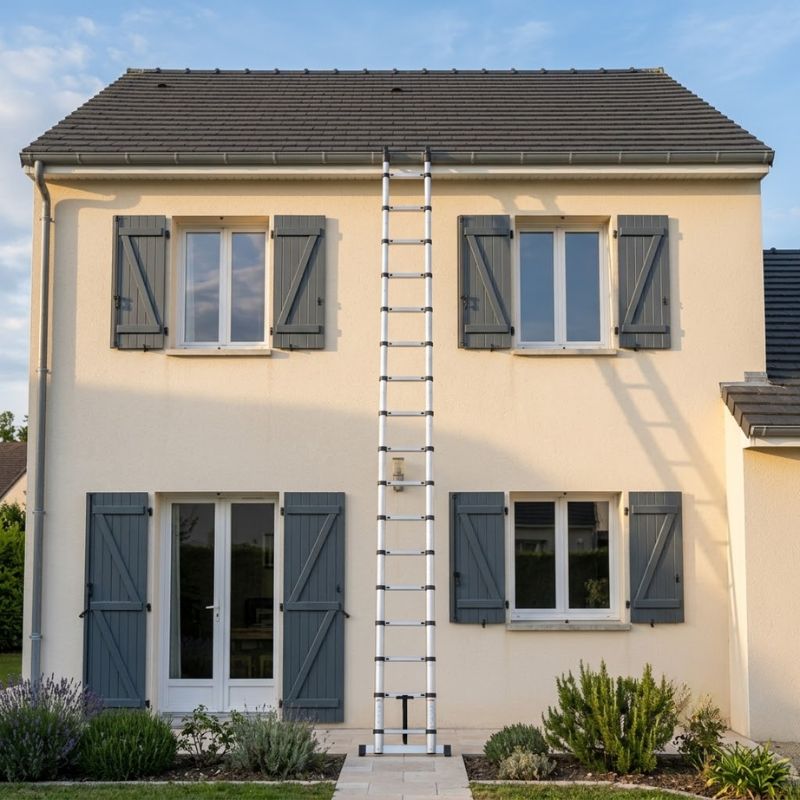 Échelle télescopique grande hauteur déployée jusqu'au toit d'une maison à deux étages Image