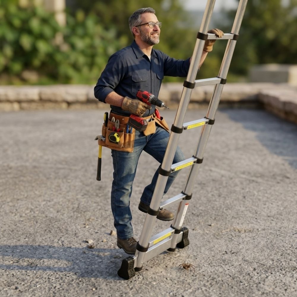 Bricoleur équipé avec ceinture d'outils montant sur une échelle télescopique 150 kg Image