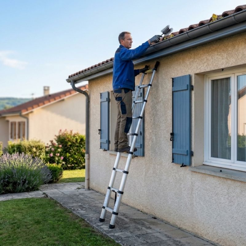 Utilisation d'une échelle télescopique pour l'entretien de la gouttière d'une maison de plain-pied Image