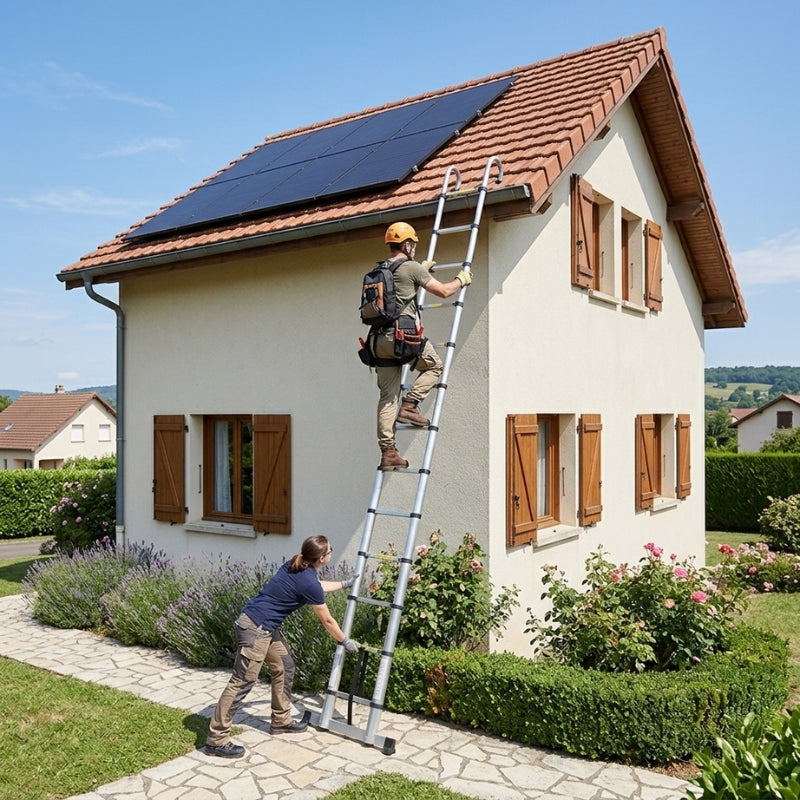 Pose de panneaux solaires : une personne monte une échelle télescopique jusqu'au toit, une autre la sécurise au sol Image
