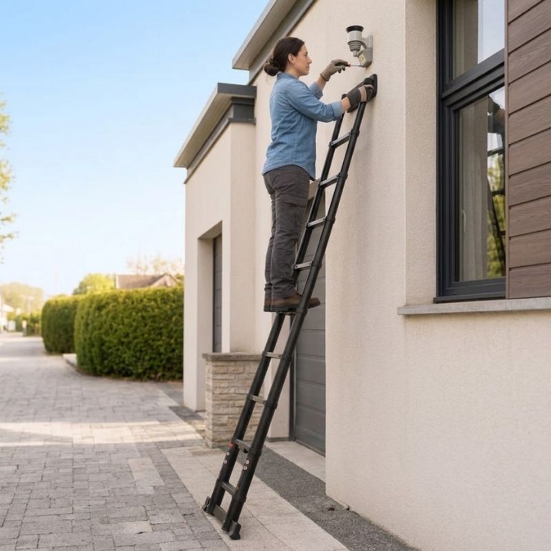 Utilisateur travaillant en sécurité sur une échelle télescopique sans dépasser la hauteur maximale conseillée Image