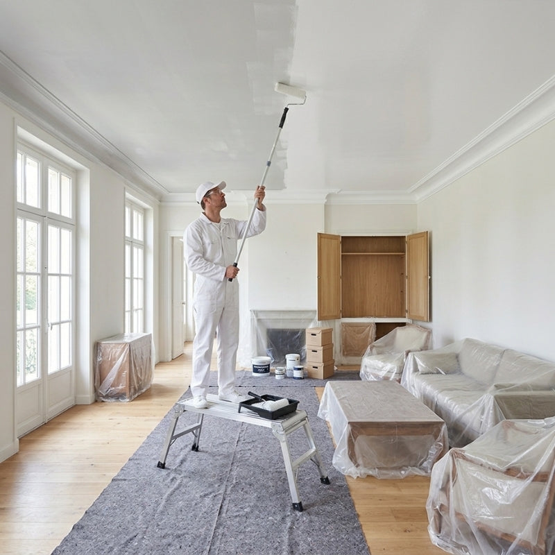 Personne peignant le plafond d'un salon au rouleau, debout sur un petit échafaudage pliable en aluminium Image