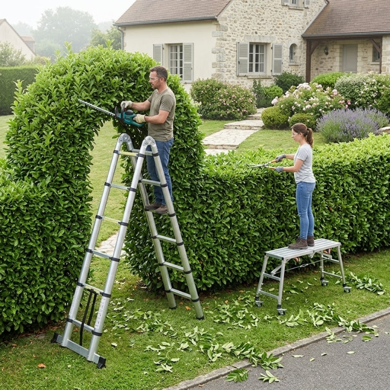 Taille d'une haie haute dans un jardin : une personne sur une échelle télescopique, une autre sur un petit échafaudage Image