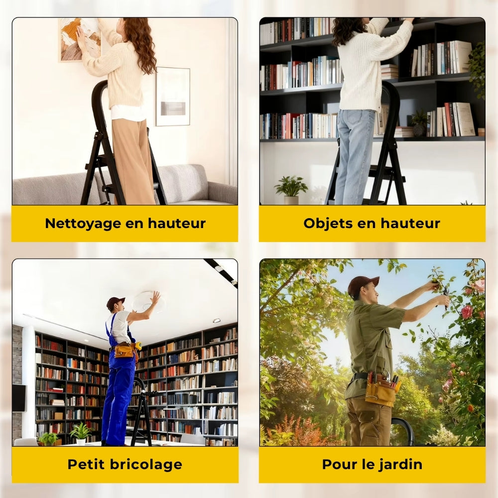 Quatre usages de l'escabeau 4 marches : nettoyage en hauteur, objets en hauteur, petit bricolage et jardin | Everclimb