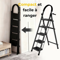 Escabeau 5 marches noir déplié et sa version repliée rangée contre un placard | Everclimb