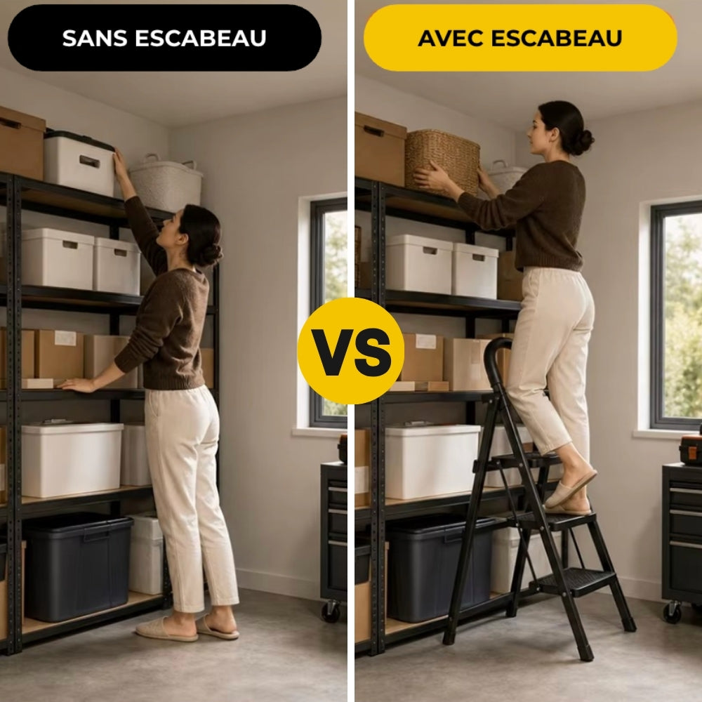 Comparatif : atteindre une étagère haute sans escabeau, puis avec l'escabeau 3 marches noir | Everclimb