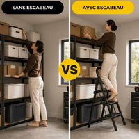 Comparatif : atteindre une étagère haute sans escabeau, puis avec l'escabeau 3 marches noir | Everclimb