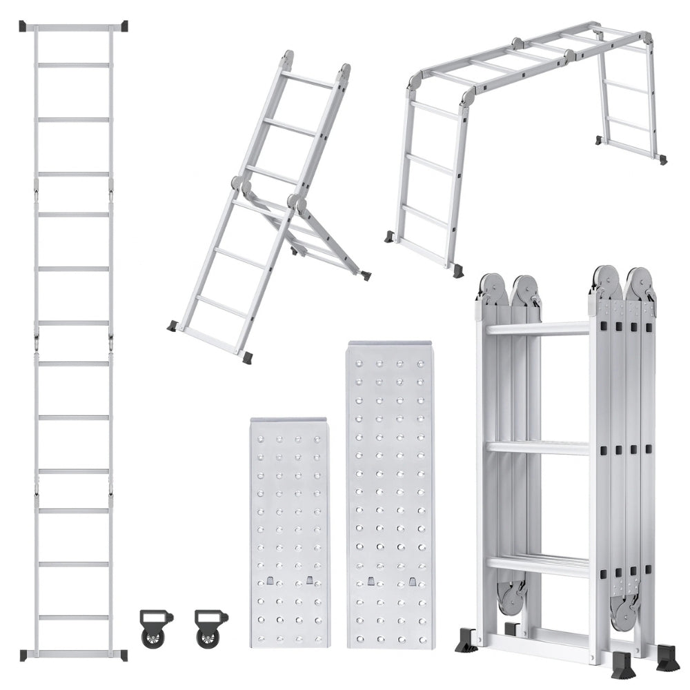 Échelle multifonction aluminium : positions droite, escabeau et pont, avec deux plateaux et deux roulettes | Everclimb