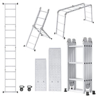 Échelle multifonction aluminium : positions droite, escabeau et pont, avec deux plateaux et deux roulettes | Everclimb