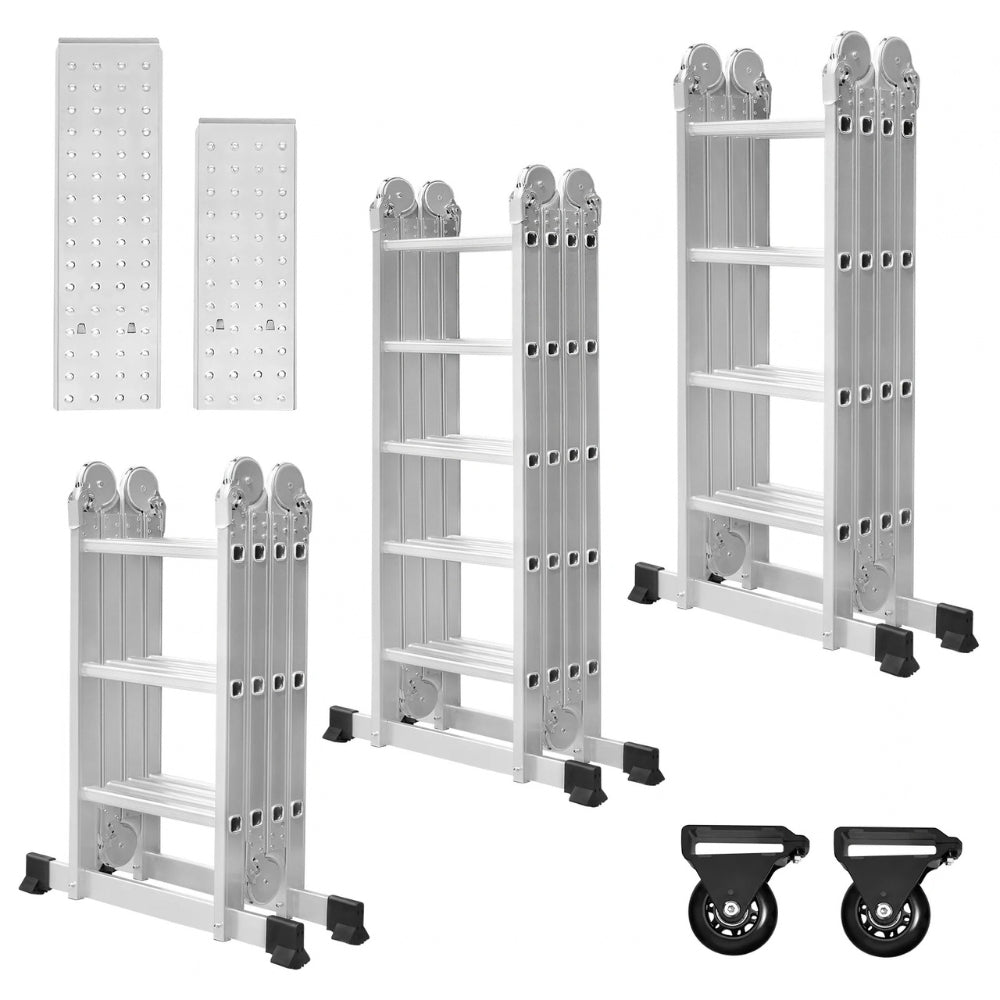 Les trois modèles d'échelle multifonction aluminium repliés, avec les deux plateaux et les deux roulettes | Everclimb