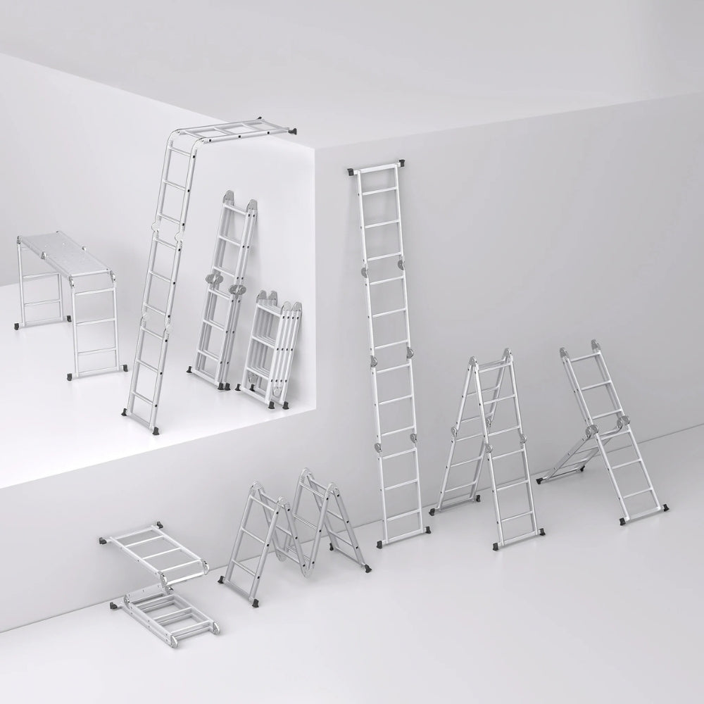 Vue d'ensemble des positions de l'échelle multifonction aluminium : droite, escabeau, pont, échafaudage et repliée | Everclimb