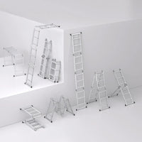 Vue d'ensemble des positions de l'échelle multifonction aluminium : droite, escabeau, pont, échafaudage et repliée | Everclimb