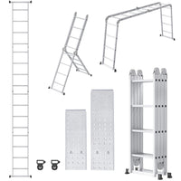 Échelle multifonction aluminium : positions droite, escabeau et pont, avec deux plateaux et deux roulettes (vue 2) | Everclimb