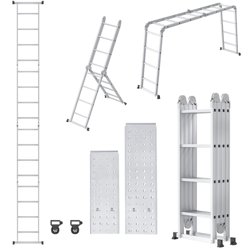 Échelle multifonction aluminium : positions droite, escabeau et pont, avec deux plateaux et deux roulettes (vue 2) | Everclimb