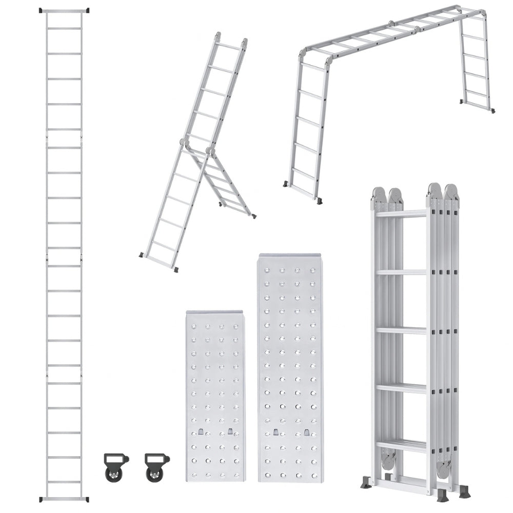 Échelle multifonction aluminium : positions droite, escabeau et pont, avec deux plateaux et deux roulettes (vue 3) | Everclimb