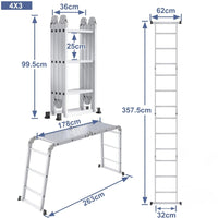 Schéma coté de l'échelle multifonction aluminium 4x3 : hauteur repliée, position droite, section horizontale et portée | Everclimb