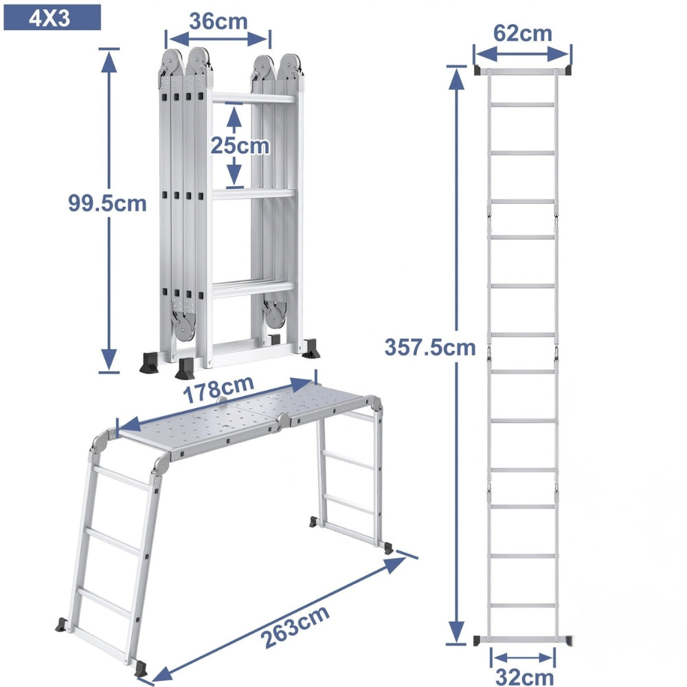 Schéma coté de l'échelle multifonction aluminium 4x3 : hauteur repliée, position droite, section horizontale et portée | Everclimb