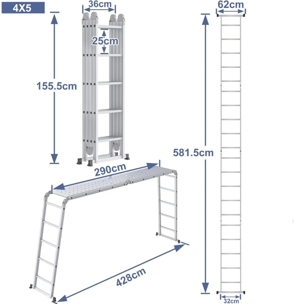 Schéma coté de l'échelle multifonction aluminium 4x5 : hauteur repliée, position droite, section horizontale et portée | Everclimb