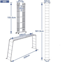 Schéma coté de l'échelle multifonction aluminium 4x5 : hauteur repliée, position droite, section horizontale et portée | Everclimb
