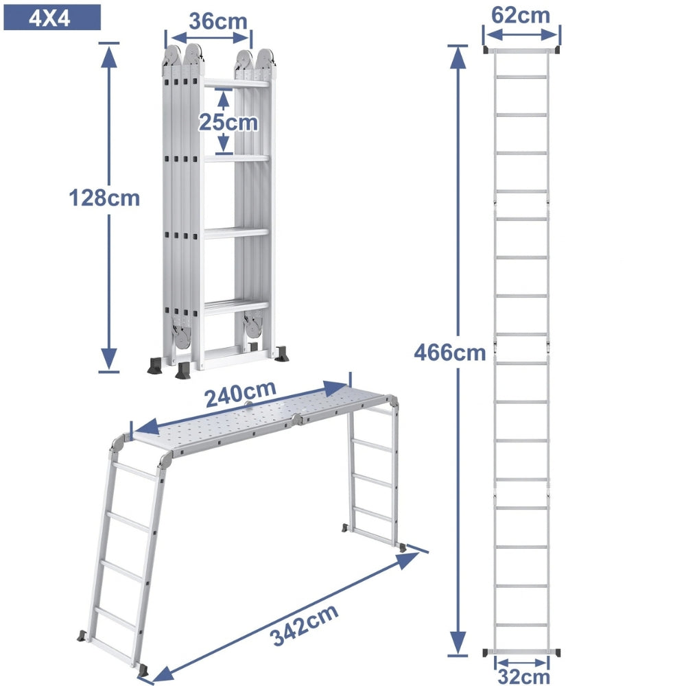 Schéma coté de l'échelle multifonction aluminium 4x4 : hauteur repliée, position droite, section horizontale et portée | Everclimb