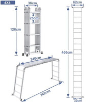 Schéma coté de l'échelle multifonction aluminium 4x4 : hauteur repliée, position droite, section horizontale et portée | Everclimb