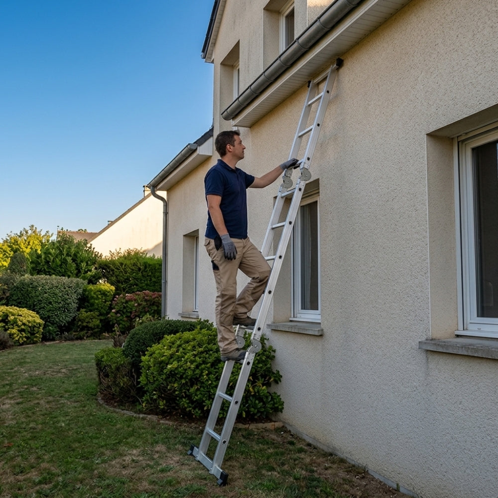 Homme montant une échelle multifonction en position droite contre la façade d'une maison | Everclimb Image