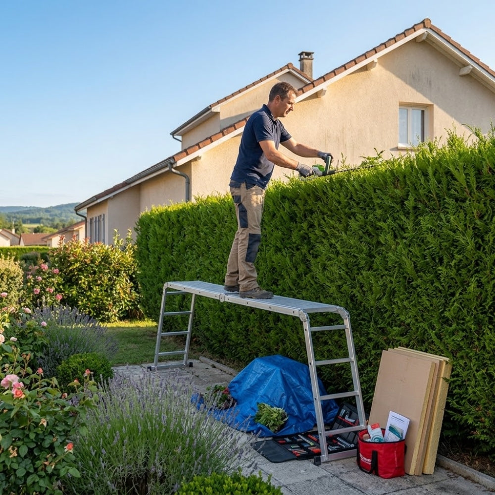 Homme taillant une haie debout sur la plateforme d'une échelle multifonction, dans un jardin | Everclimb Image
