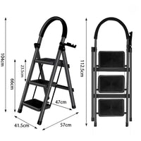 Schéma coté de l'escabeau 3 marches : 104 cm déplié, marche haute à 66 cm, 112,5 cm replié | Everclimb