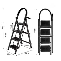 Schéma coté de l'escabeau 4 marches : 133 cm déplié, marche haute à 89 cm, 140 cm replié | Everclimb