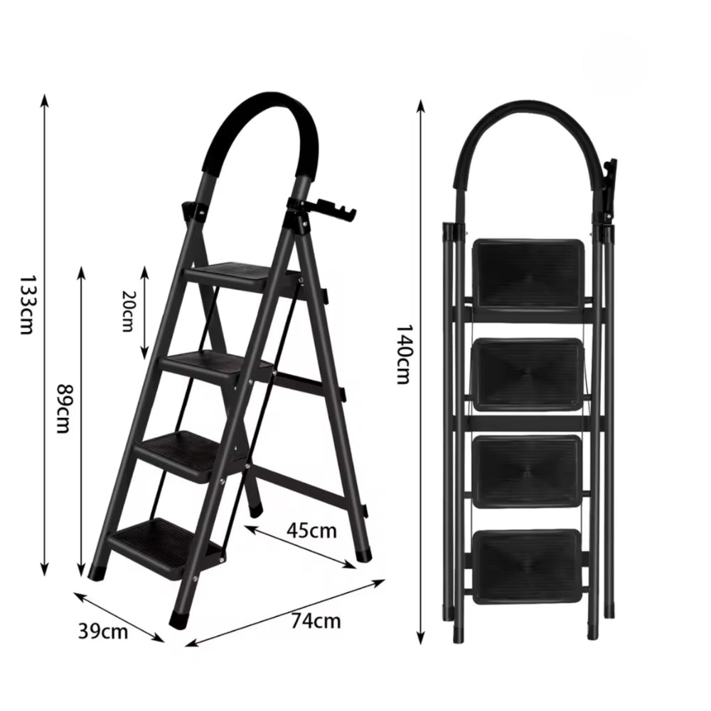 Schéma coté de l'escabeau 4 marches : 133 cm déplié, marche haute à 89 cm, 140 cm replié | Everclimb