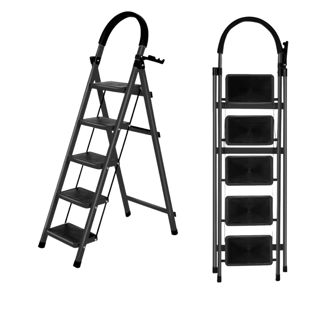 Escabeau 5 marches en acier noir, vue dépliée et vue repliée sur fond blanc | Everclimb