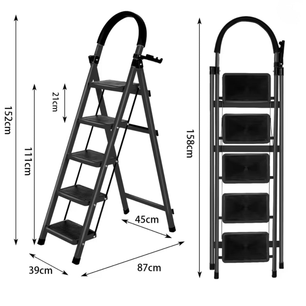 Schéma coté de l'escabeau 5 marches : 152 cm déplié, marche haute à 111 cm, 158 cm replié | Everclimb