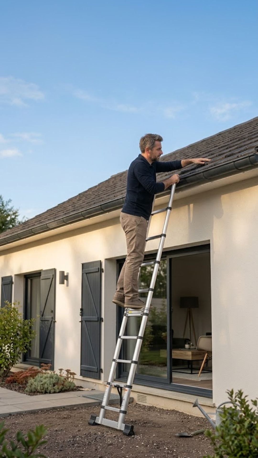 Homme accédant à la gouttière d'une maison de plain-pied avec une échelle télescopique en aluminium | Everclimb
