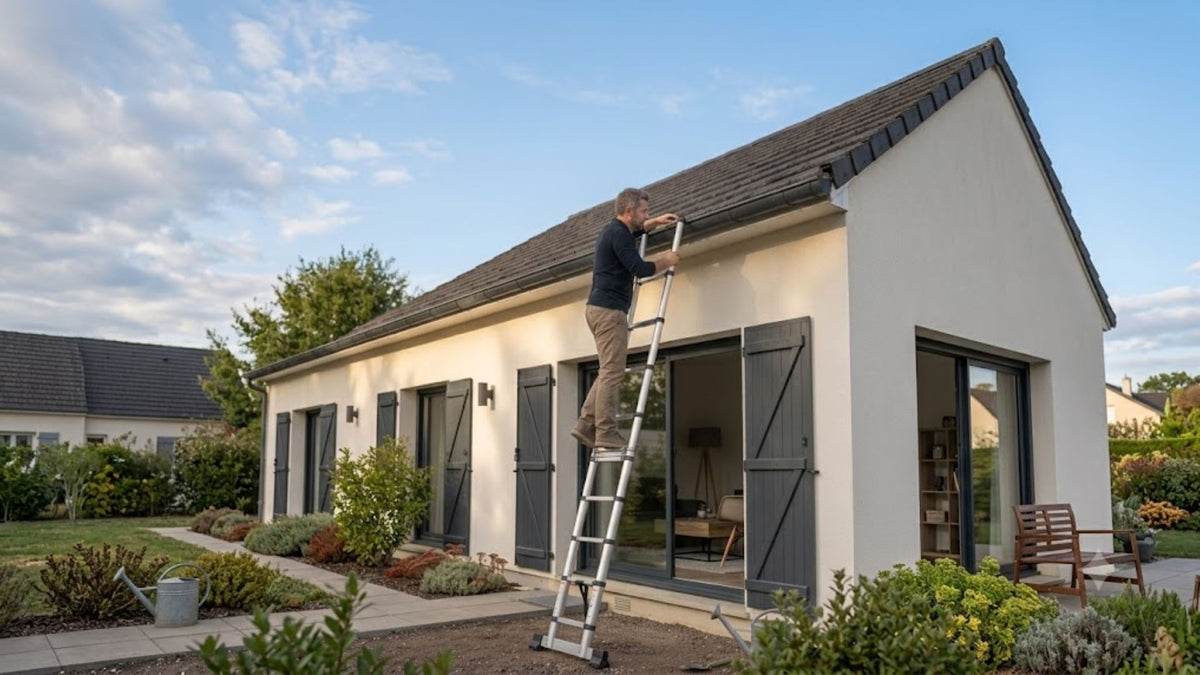 Maison de plain-pied avec une échelle télescopique en aluminium appuyée contre la gouttière | Everclimb