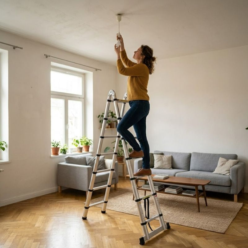 Femme changeant une ampoule de plafond depuis une échelle télescopique en position escabeau, dans un salon (vue 2) | Everclimb Image