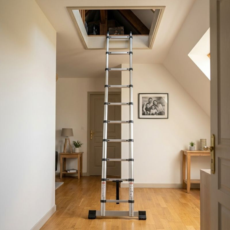 Échelle télescopique déployée vers une trappe de grenier dans un couloir de maison | Everclimb Image