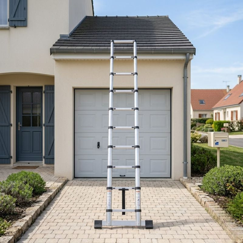 Échelle télescopique en aluminium dressée devant la porte de garage d'une maison | Everclimb Image