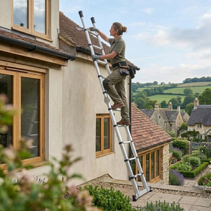 Femme intervenant sur le bord de toiture d'une maison de campagne depuis une échelle télescopique | Everclimb Image