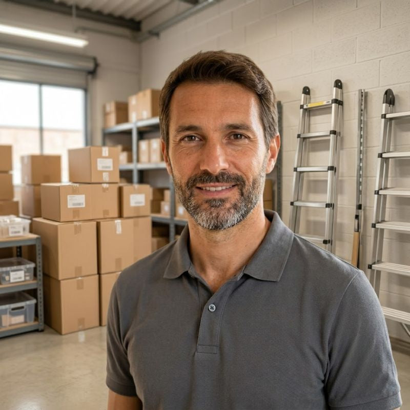 Homme en polo gris dans un entrepôt, devant des cartons et des échelles télescopiques | Everclimb Image