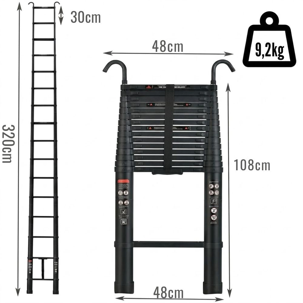 Schéma des dimensions dépliée/repliée de l'échelle télescopique aluminium avec crochets | Everclimb