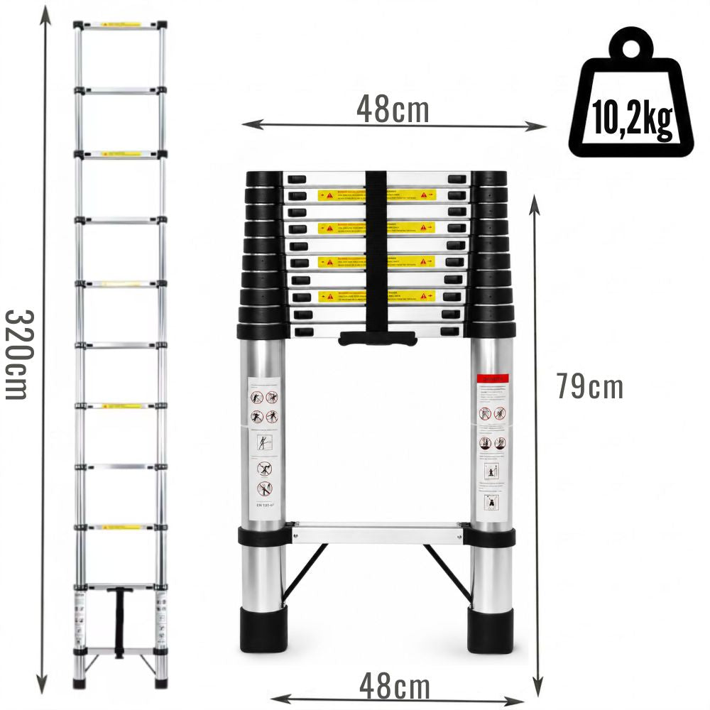 Schéma des dimensions dépliée/repliée de l'échelle télescopique acier inoxydable (vue 2) | Everclimb
