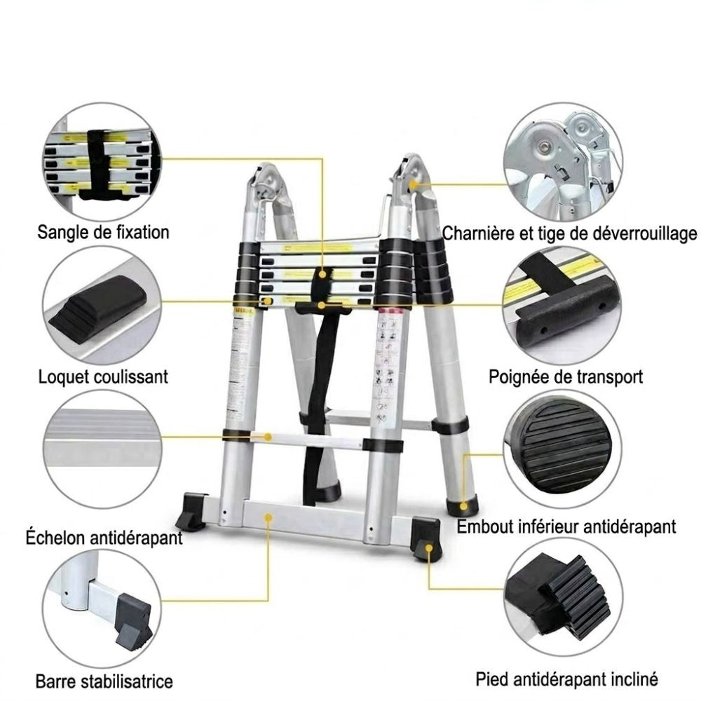 Infographie des points clés de l'échelle pliante 2-en-1 aluminium : charnière, loquet, stabilisateur | Everclimb