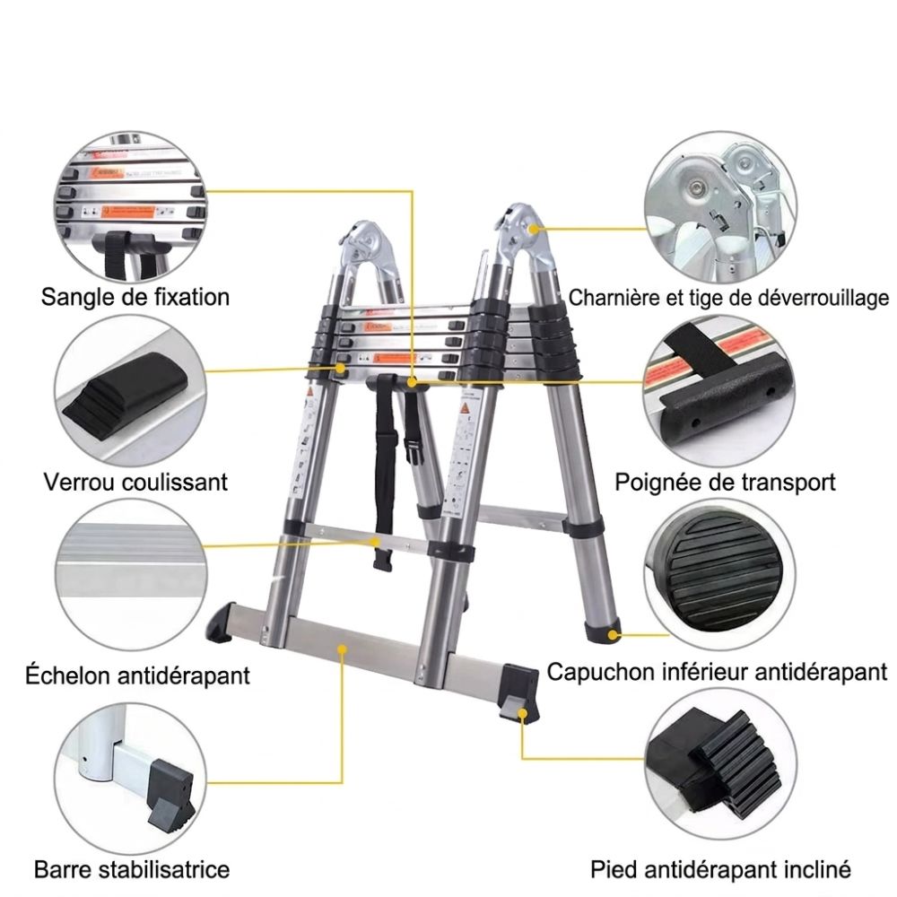 Infographie des points clés de l'échelle pliante 2-en-1 acier inoxydable : charnière, loquet, stabilisateur | Everclimb