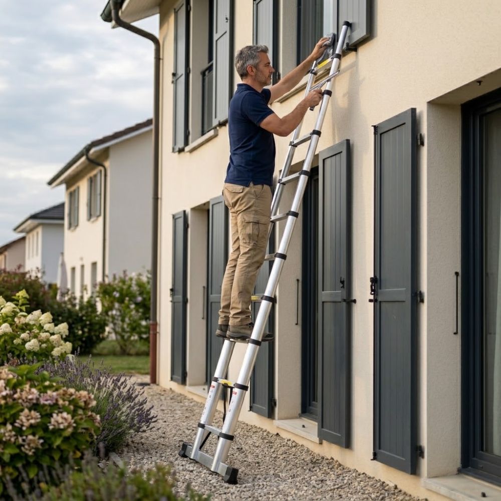 Échelle télescopique acier inoxydable dépliée, utilisée contre une façade | Everclimb