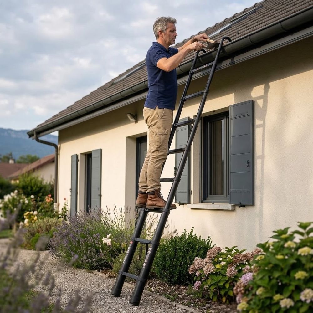 Échelle télescopique aluminium avec crochets dépliée, utilisée contre une façade | Everclimb